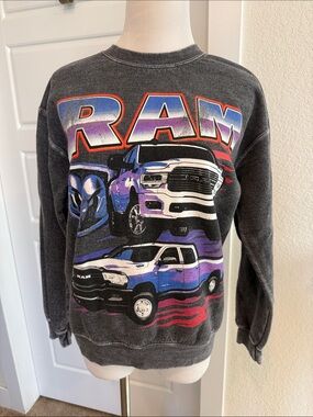 Dodge Ram Truck Graphic Crewneck Sweatshirt - Grey with Multicolor Truck Print